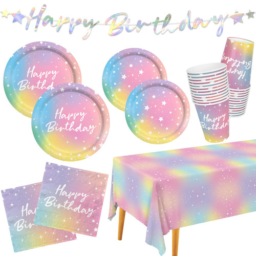 Luminous Rainbow Birthday Party Supplies - Disposable Paper Plates, Cups, Napkins, Tablecloth & Banner - Ideal for Unicorn, Mermaid Themed Events & Birthday or Wedding Party Decoration - Serves 25