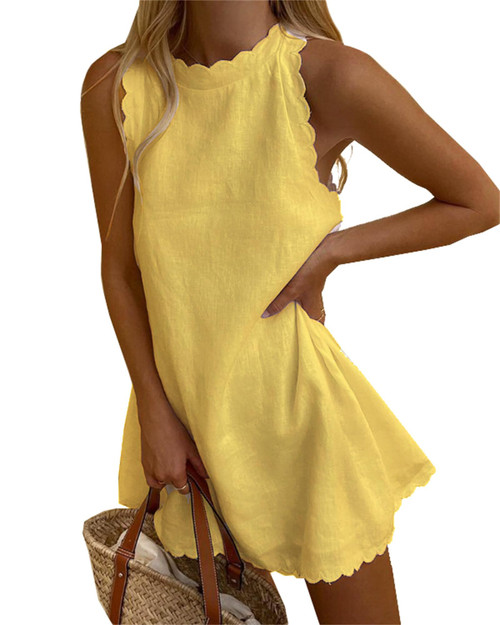 Yuemengxuan Women Casual Tank Dress Sleeveless Mock Neck Back Zipper Linen Summer Dress Scallop Halter Dress Sundress Beachwear (Yellow, M)