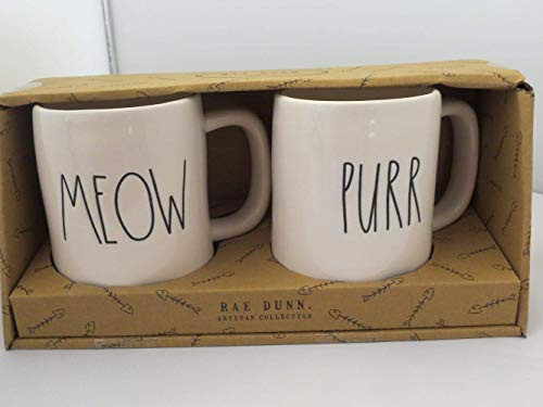 Rae Dunn PURR and MEOW in large letters 2 Mug Set Coffee Tea Soup Mugs in Gift Box. By Magenta.