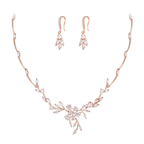 Crysdue Bridal Flower Leaf Filigree Wedding Jewelry Set for Women, Marquise Cubic Zirconia Necklace Dangle Earrings Set Jewelry Gift for Brides Bridesmaid Rose Gold