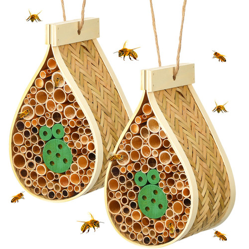 DoubleFill 2 Pcs Mason Bee House Hanging Bee Hives Wild Pollinator Bamboo Mason Bee Habitat Hotel with Tubes Beekeeping Supplies for Enhance Garden Productivity(Water Drop)