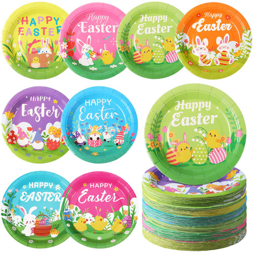 Zopeal 160 Pcs 9 Inch Happy Easter Paper Plates Easter Disposable Party Plates Bunny Egg Dessert Plates Dinnerware Plates for Easter Holiday Party Decorations Supplies, 8 Styles