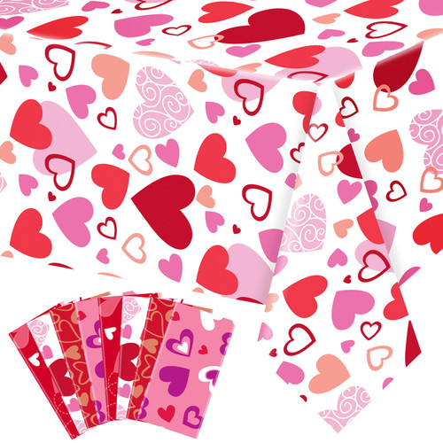 VitalCozy 8 Pcs Valentine's Day Table Cloth 54 x 108 Inch Plastic Valentines Rectangle Tablecloth Love Heart Table Cover for Party Holiday Wedding Anniversary Kitchen Decorations (Multiple Styles)