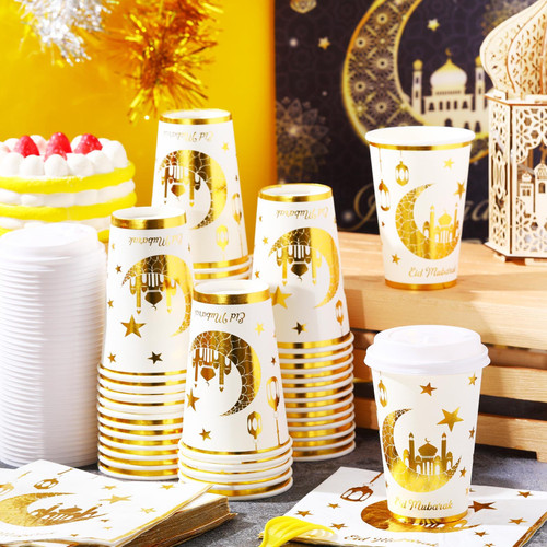 Jingmore 50 Set Ramadan Eid Mubarak Cups with Lids and Napkins, 12 oz Ramadan Muslim Disposable Coffee Cups Bulk, Gold Foil Paper Cup for Cold Hot Beverage Drink for Eid Islamic Party Supplies(White)