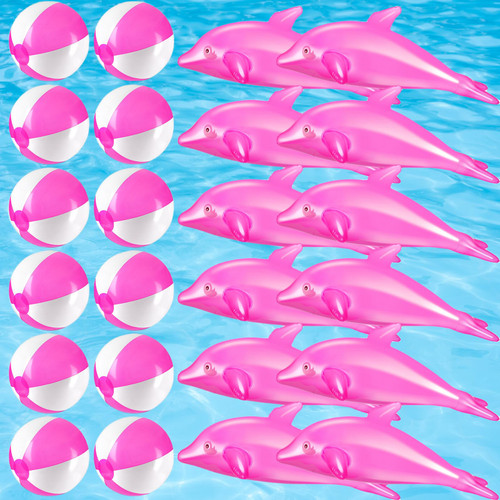 Realspring 24 Pcs Dolphin Inflate Beach Balls Set with 20'' Inflatable Dolphin Decorations 16'' Inflatable Ball Blow Up Dolphin Pool Balls Bathtub Toys for Dolphin Party Swimming Pool Party Favors