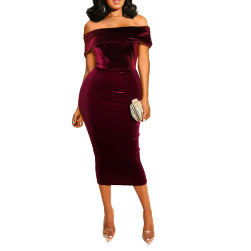 Women Sexy Velvet Midi Dress - One Off Shoulder Short Sleeve Velour Bodycon Pencil Dresses Cocktail Burgundy XL Women Sexy Velvet Midi Dress - One Off Shoulder Short Sleeve Velour Bodycon Pencil Dresses Cocktail Burgundy XL
