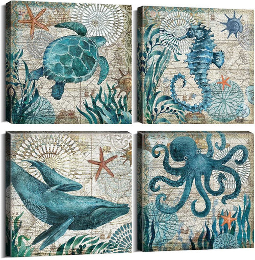 Coastal Beach Wall Art for Living Room Sea Turtle Pictures Bathroom Wall Decor Teal Blue Nautical Themed Seahorse Canvas Painting Ocean Animal Whale Posters Bedroom Kitche Home Decoration 8x8" 4