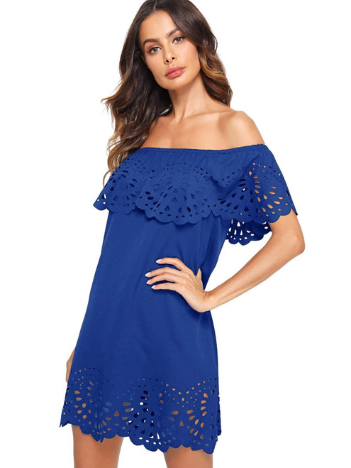 Floerns Women's Off Shoulder Ruffle Loose Tunic Shift Dress Royal Blue M