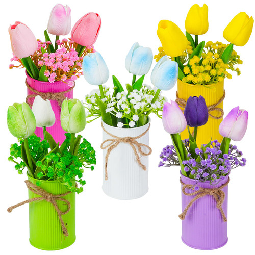 AILANDA Spring Tulips Table Centerpieces 15PCS Colorful Artificial Tulip with 5 Metal Pot Fake Tulips Potted Flowers in Vase for Spring Easter Table Decor Home Office Wedding Party Bouquet Arrangement AILANDA Spring Tulips Table Centerpieces 15PCS Colorful Artificial Tulip with 5 Metal Pot Fake Tulips Potted Flowers in Vase for Spring Easter Table Decor Home Office Wedding Party Bouquet Arrangement