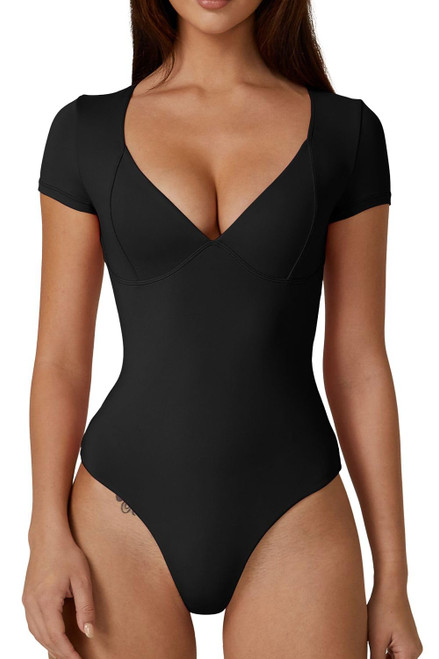 QINSEN Black Bodysuit for Women Sexy Sweetheart Neckline Short Sleeve Slimming Shirt Tops S