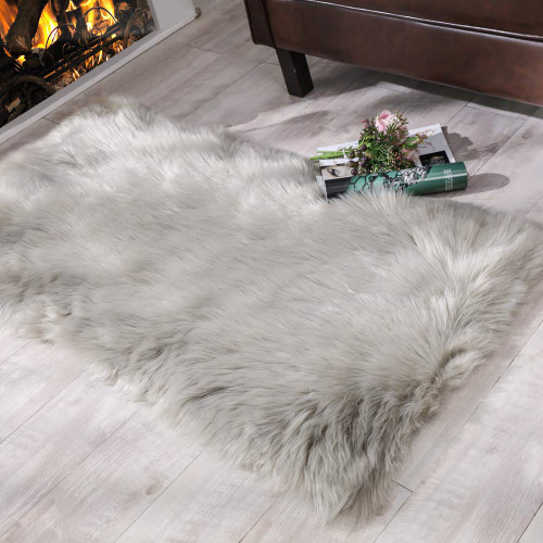 Carvapet Shaggy Soft Faux Sheepskin Fur Area Rugs Floor Mat Luxury Beside Carpet for Bedroom Living Room 2ft x 4ft, Grey