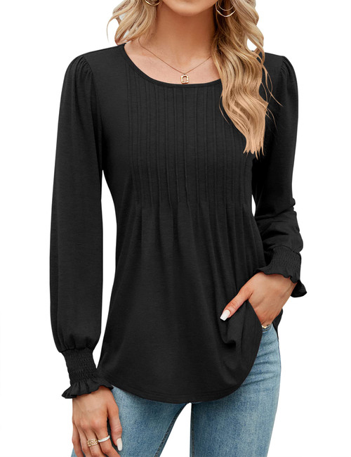 LOMON Womens Long Sleeve Tops Solid Color Crew Neck Shirts Casual Loose Pleated Tunic Blouses with Smocked Cuffs(Black,M)