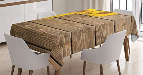 Ambesonne Sunflower Decor Tablecloth by, Three Sunflowers are on the Wooden Background at Top Left Corner Decorative Picture Print, Dining Room Kitchen Rectangular Table Cover, 52 X 70 Inches