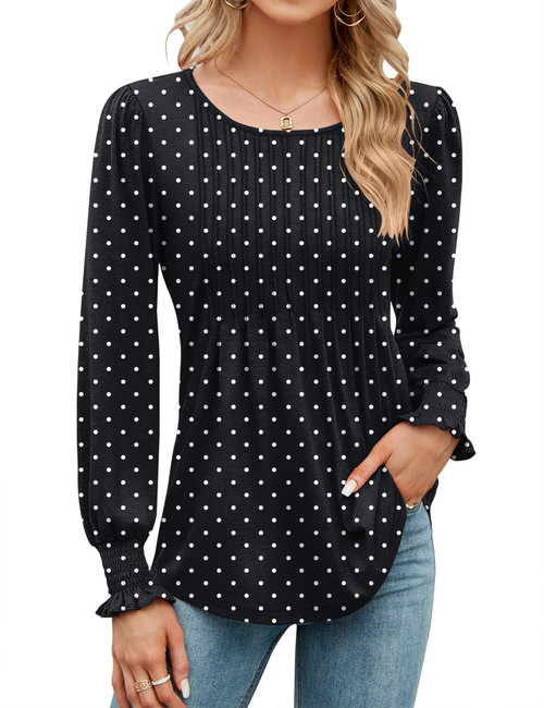 LOMON Long Sleeve Shirts for Women Fall Fashion Smocked Tops Blouses Crew Neck Casual T Shirts Tunic(Black Polka Dots,M)