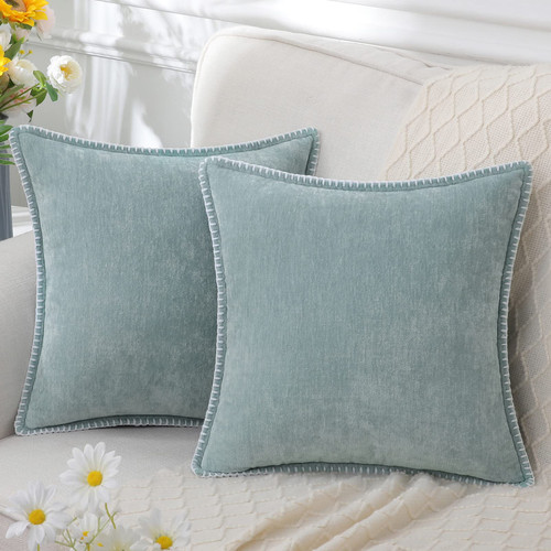 decorUhome Chenille Soft Throw Pillow Covers 22x22 Set of 2, Farmhouse Velvet Pillow Covers, Decorative Square Pillow Covers with Stitched Edge for Couch Sofa Bed, Aqua Haze