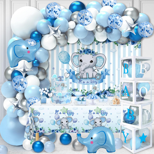 133pcs Elephant Baby Shower Decorations for Boy - Blue Balloon Garland Kit, Baby Boxes with Letters for baby shower, It's a Boy Backdrop Tablecloth, Baby Boy Shower Decor