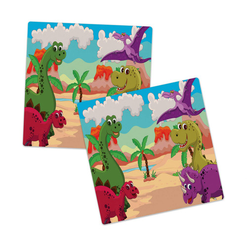 Lunarable Jurassic Sandstone Coaster Set of 2, Dinosaur Cartoon Style Happy Palm Tree Hills Volcano Seaside Sandy Beach Smile, Absorbant Square Coasters for Drinks Mug Cups, 4.25", Multicolor