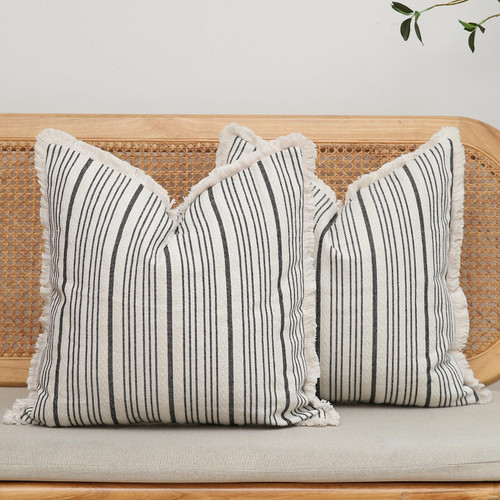Kiuree Farmhouse Throw Pillows Cover 20x20 Set of 2 Striped Pillow Covers with Fringe Boho Decorative Pillows Cushion Covers for Sofa Couch Bed Living Room Modern Decor,Black Kiuree Farmhouse Throw Pillows Cover 20x20 Set of 2 Striped Pillow Covers with Fringe Boho Decorative Pillows Cushion Covers for Sofa Couch Bed Living Room Modern Decor,Black