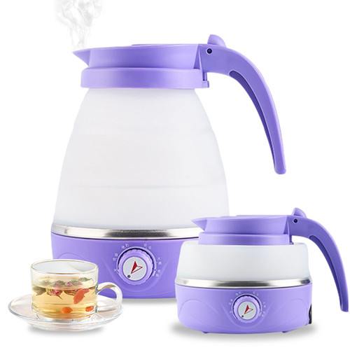 Portable Travel Foldable Electric Kettle Collapsible Food Grade Silicone Mini Water Boiler For Coffee or Tea Fast Water Boiling Pot 6 Modes Adjustable 600ml/20oz (Purple)