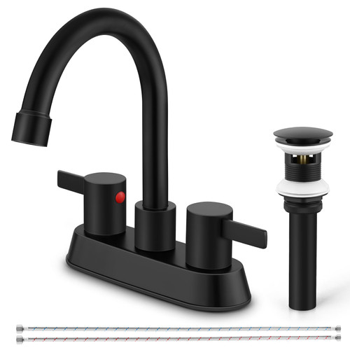 Homikit Black Bathroom Faucet 3 Hole, 4 Inch 2 Handle Centerset Bathroom Sink Faucet, RV Vanity Farmhouse Lavatory Faucets, Matte Black Bath Faucet with Pop Up Drain and Water Supply Hoses