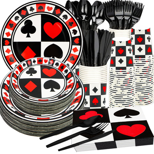 175Pcs Casino Party Supplies Casino Tableware Set 9"& 7"Casino Poker Paper Plates Casino Napkins Cups Knives Forks Spoons for Casino Night Poker Game Theme Casino Birthday Party Decorations |Serve25 175Pcs Casino Party Supplies Casino Tableware Set 9"& 7"Casino Poker Paper Plates Casino Napkins Cups Knives Forks Spoons for Casino Night Poker Game Theme Casino Birthday Party Decorations |Serve25