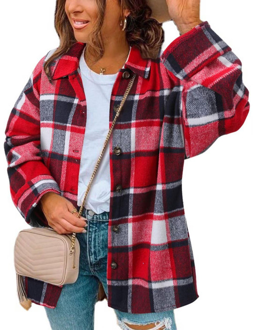 ZOLUCKY Womens Christmas Red Plaid Shirt Lapel Button Down Long Sleeve Flannel Shirt Jacket Shackets, Red Large