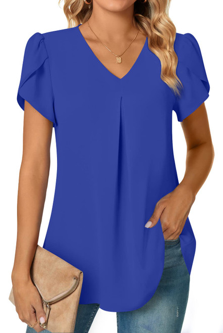 Anyally Womens Summer Dressy Chiffon Blouses V Neck Petal Short Sleeve Tunic Tops for Leggings Casual T-Shirts, L Royal Blue