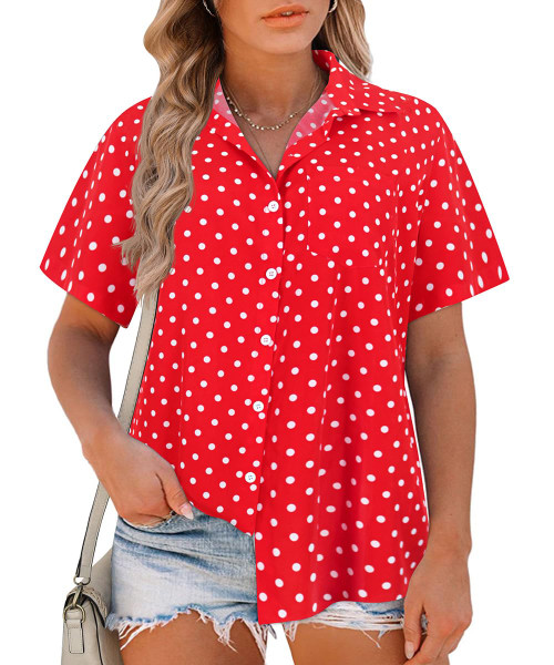 RITERA Womens Plus Size Tops Button Front Short Sleeve T-Shirt Colorful Red Polka Dots Color Block Blouses Button Down Shirt Work Blouse Lightweight Tunics Casual Tshirts XL 16W 18W