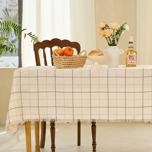 Midsummer Breeze Table Cloth Rectangle Table-Rustic Cotton Tablecloth Craft Fringed Farmhouse Table Cloths for Kitchen Dining (55x70 Inch, Cream Plaid)
