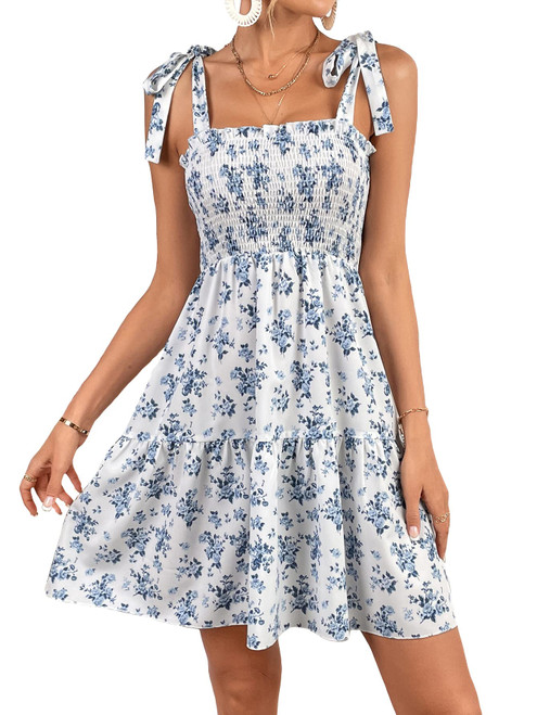 MakeMeChic Women's Floral Print Tie Shoulder Sleeveless Ruffle A Line Swing Summer Short Dress White L