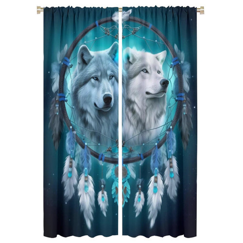 Hazuff Wolf Blackout Window Curtains, Fantasy Feather Gray and White Wolf Dreamcatcher Pattern Decor Insulate Rod Pocket Curtains for Bedroom Living Room Kids Room 42x63in