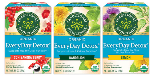 Traditional Medicinals Organic Everyday Detox Tea Sampler, 1 EveryDay Detox Schisandra Berry, 1 EveryDay Detox Dandelion, 1 EveryDay Detox Lemon, 16 Tea Bags Per Box (Pack of 3)