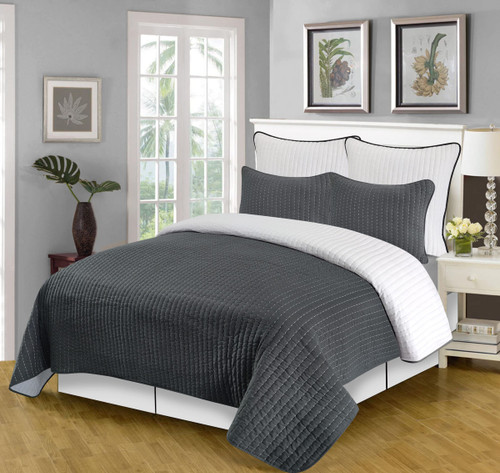 Avanti Linens Fiesta 3 Piece Twin Quilt Set, Reversible Gray and White Polyester Cotton Modern Style