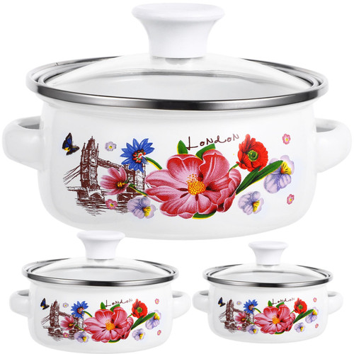 ABOOFAN Enamelware Pot Set 15/18/20cm Enamel Stockpot with Lid Retro Floral Pattern Cooking Pot Pot Deep Enamelware Soup Pot for Home Restaurant