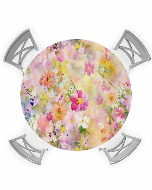Lsrtoss Spring Floral Round Tablecloth, Fitted Table Cover with Elastic for 36"-44" Round Tables, Watercolor Botanical Elegant Summer Flower Table Cloth Outdoor Indoor Party Waterproof Tablecloths