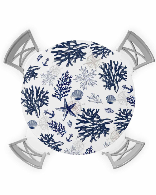 Lsrtoss Navy Blue Coastal Round Tablecloth, Fitted Table Cover with Elastic for 36"-44" Round Tables, Ocean Beach Coral Starfish Nautical Table Cloth Outdoor Indoor Party Waterproof Tablecloths