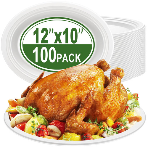 IJRPLM Oval Paper Plates,100 Pack 100% Compostable Oval Plates, 12 Inch Heavy Duty Paper Plates,Large Paper Plates,Eco-Friendly Biodegradable Sugarcane Plates for BBQ Party Dinner Picnic(White)