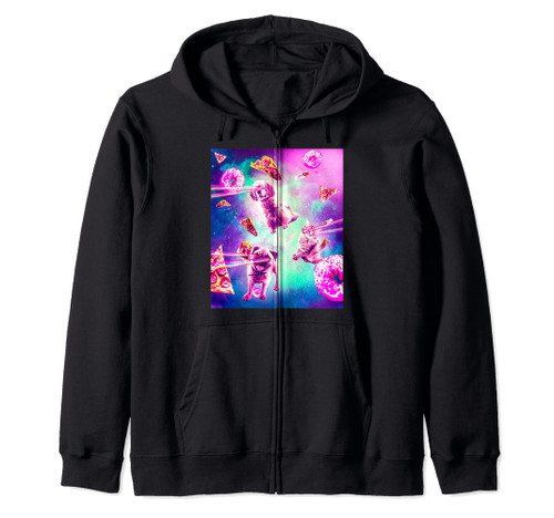 Laser Eyes Space Cat With Dog, Pug - Rainbow Zip Hoodie