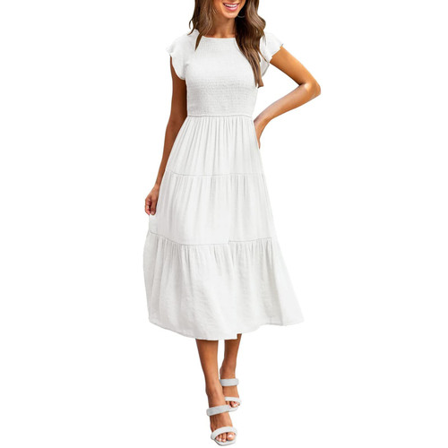 Women's Summer Casual Flutter Short Sleeve Crew Neck Smocked Elastic Waist Tiered Midi Tween Casual Dresses (White, L) Women's Summer Casual Flutter Short Sleeve Crew Neck Smocked Elastic Waist Tiered Midi Tween Casual Dresses (White, L)