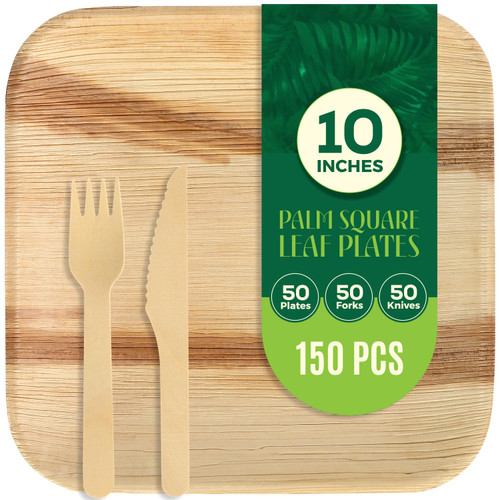 TUNITI 150 Pack Compostable Square Palm Leaf Dinnerware I 50 of 10'' Plates, 50 Knives and 50 Forks| Premium Disposable Plates Set I Heavy Duty Eco-Friendly Like Bamboo Disposable Plates