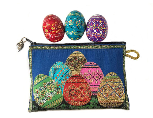 Pysanky Pysanki Wooden Ukrainian Hand Painted Easter Eggs - Set of 3 - with Tapestry Pouch Purse Bag Leaf on Zipper 5 3/8 Inch Pysanky Pysanki Wooden Ukrainian Hand Painted Easter Eggs - Set of 3 - with Tapestry Pouch Purse Bag Leaf on Zipper 5 3/8 Inch