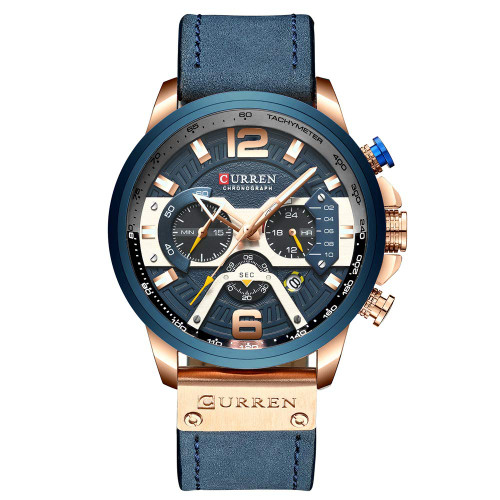 CURREN Quartz Watches for Men's Original Brand Multi-Function Calendar Style Waterproof Boys Leather Wrist Watch 8329 (Blue)