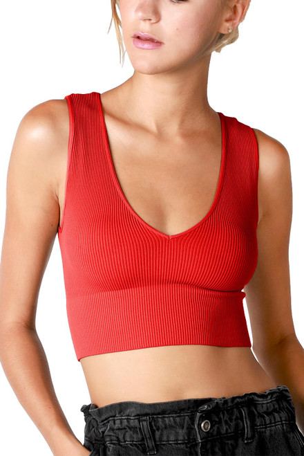 NIKIBIKI Women Seamless Plunge V-Neck Ribbed Crop Top, Made in U.S.A, One Size (Red)