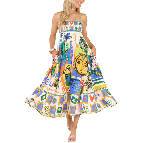 Women Spaghetti Strap Floral Maxi Sun Dress Square Neck Flowy Long Dress Boho Pattern Maxi Long Dresses (Printed Yellow, S)