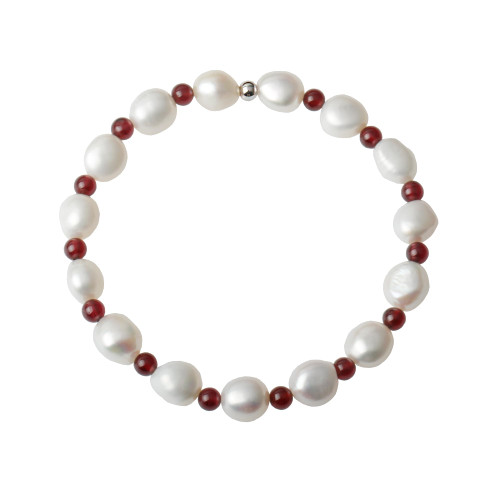 Red Garnet Beads Mixed Cultured Freshwater Baroque Pearl Stretch Bracelet 8 Inch