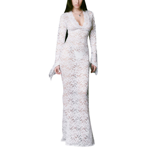 Women's Sexy Lace Long Bodycon Dress Long Sleeve V Neck Evening Dress Lace Floral Party Dress (White, S)