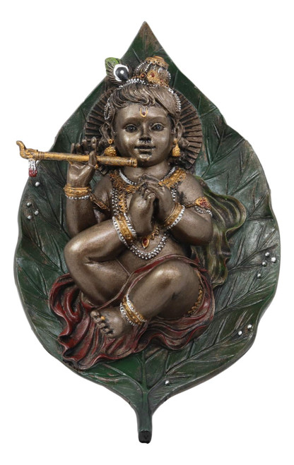 Ebros Hindu God Baby Krishna Vishnu On Peepal Leaf with Bansuri Flute Statue in Bronze Patina Resin 6" High Eastern Enlightenment Hinduism Avatar Deity Gods Ebros Hindu God Baby Krishna Vishnu On Peepal Leaf with Bansuri Flute Statue in Bronze Patina Resin 6" High Eastern Enlightenment Hinduism Avatar Deity Gods