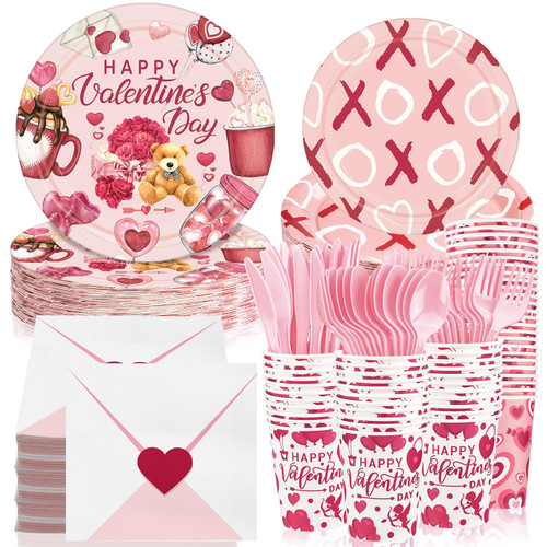 Suttmin 350 Pieces Valentine's Day Disposable Dinnerware Set, Serves 50, Happy Valentine's Day Paper Plates Romantic Hearts Napkins and Cups Cutlery for Valentine's Day Party Decorations