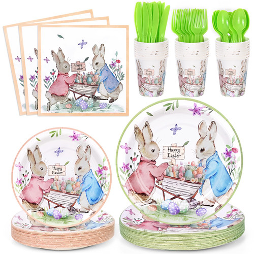 Homlouue 168 PCS Easter Plates, Easter Plates and Napkins for Party, Easter Paper Plates for Easter Dinner, Happy Easter Plates Disposable, Includes Plates Napkins Cups Knife Fork Spoon