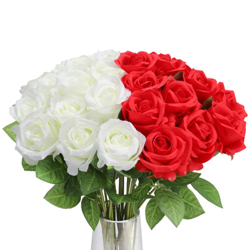 Hoemwarm 36 Pcs Red and White Rose Artificial Roses Flowers Bouquet Centerpiece,Fake Silk Rose Stem Realistic Artificial Flowers Bulk for Bridal Wedding Bouquet Ball Arrangement Party Decor